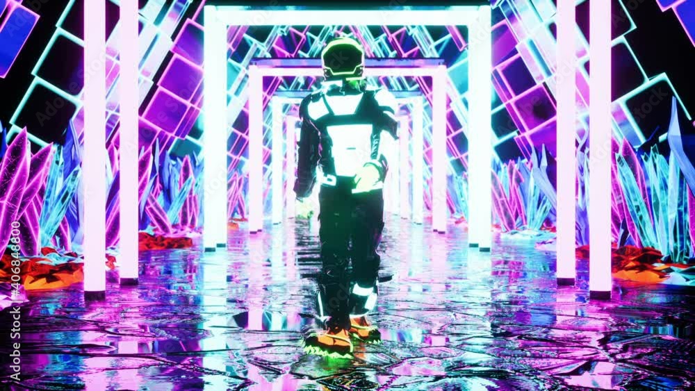 A luminous astronaut walks through a neon tunnel. Seamless loop animation of a tunnel made of glowing crystals for vj, dj or sci-fi backgrounds.