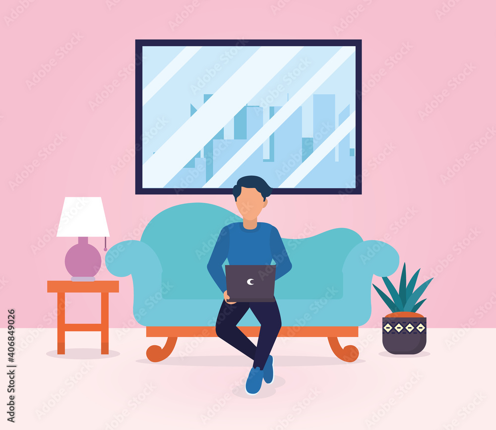 living room with a man with a laptop working sitting on the couch, flat style living room with a man with a laptop working sitting on the couch, flat style