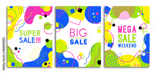 Colorful 80s neon shape sale template poster set