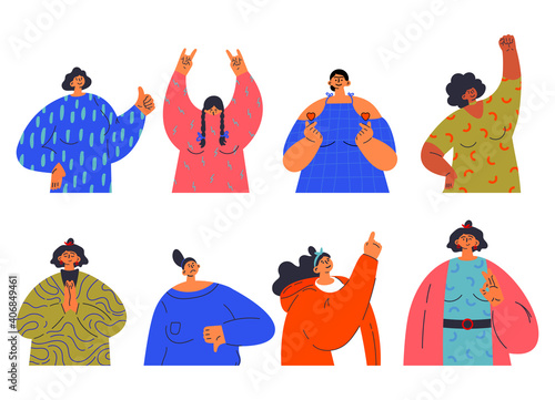 Set of different women. Women show different gestures. Feminism concept. Woman empowerment. Flat vector illustration. Colorful cartoon characters design.
