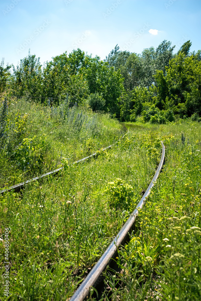 Fototapeta premium Old rusty railway and green meadow