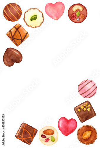 バレンタイン チョコレートボンボン はがき テンプレート 縦 水彩画