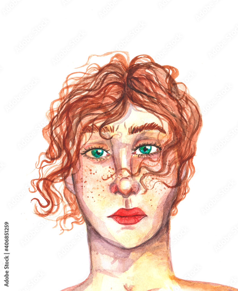 Watercolor portrait of beautiful young girl. Emotional face. Hand painted illustration.