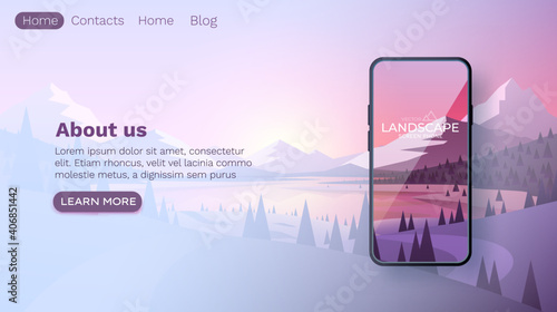 Winter mountains landscape. Smartphone mobile screen, landscape mobile display. Nature background. Vector