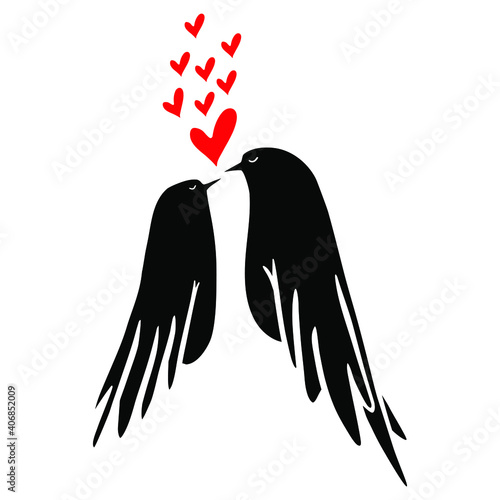 Couple of birds in love with red hearts. Valentines day concept. Vector stock illustration isolated on a white background.