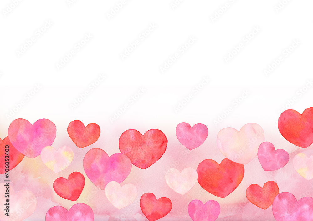 ハート　ピンク　下フレーム　横　バレンタイン　水彩画