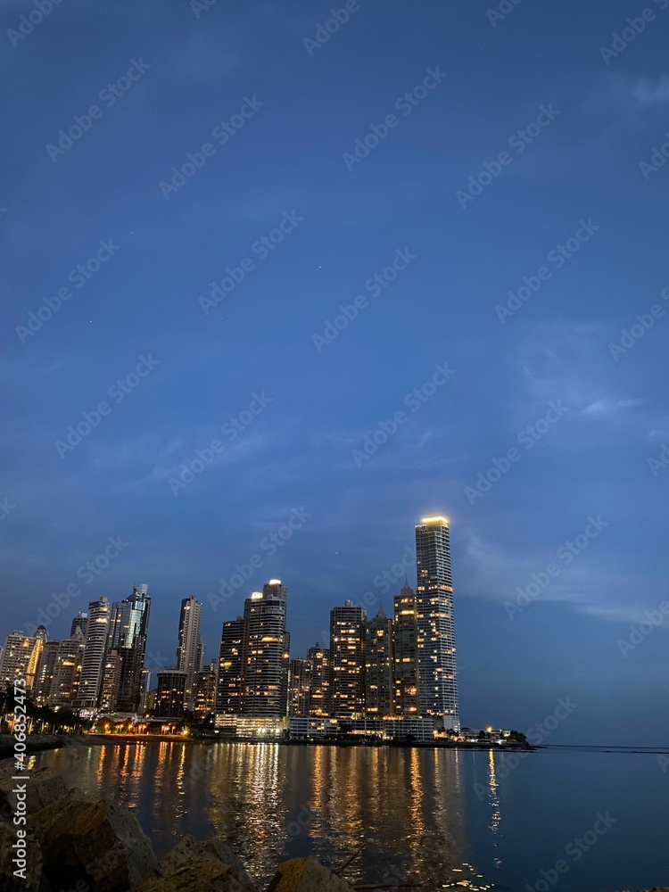 skyline. city in the beach. town in the beach. Panama ciry. building in panama. landcape. blue sky. sea. river. night. cityscape architecture. travel. downtown  
