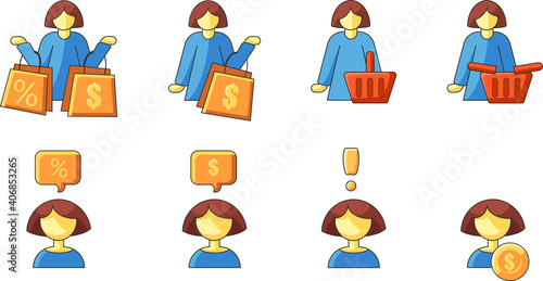 Female shopper colored icons vector illustration