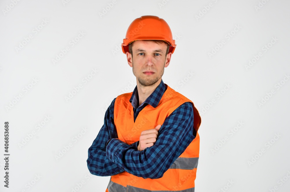 man builder isolated on white. professional repairman in helmet. build and construction. skilled architect repair and fix. engineer worker career. turnkey project. young man in hard hat. Industry