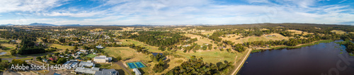 Wide aerial panorama of Beaufort township and lake. Scenic Australian countryside.