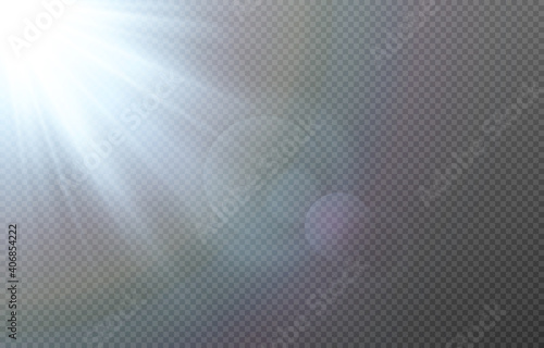 Vector blue light with lens flares. Sun, sun rays, dawn, glare from the sun png. Explosion of blue light. Blue flare png, glare from flare png.