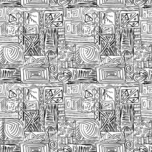 African ethnic style black and whitye graphic ink hand-drawn seamless pattern illustration background. Good for gift wrapping paper, decoupage or scrapbooking hand-made, textile fabric etc