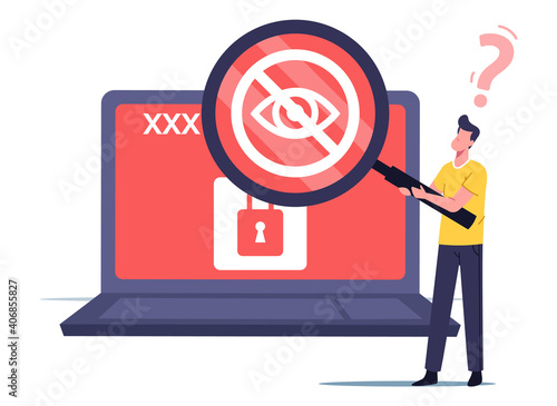 Tiny Male Character Browsing in Internet Network Search Sensitive Adult Content. Man with Huge Magnifier Look Xxx Movie