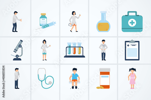 doctors and vaccine icon set, flat style