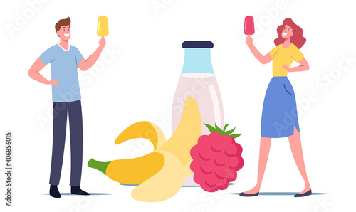 Tiny Male and Female Characters with Fruit Ice Cream Popsicle at Huge Yoghurt Bottle and Fruits. Homemade Icecream Meal