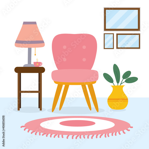 hand drawn concept, living room scenary with pink chair and related icons around, colorful design