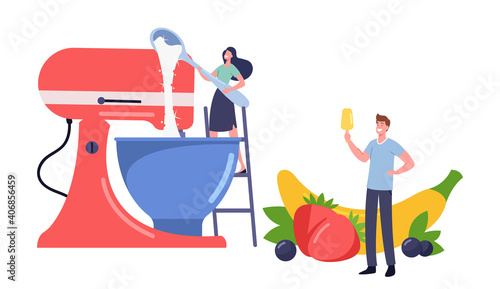 Tiny Male or Female Characters on Ladder Cooking Homemade Ice Cream with Fruits and Berries Using Huge Mixer