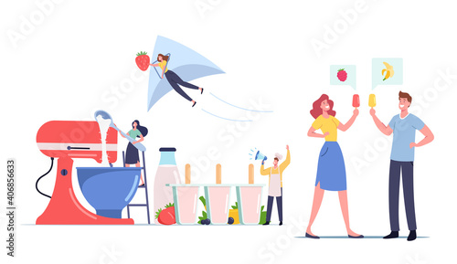 Tiny Characters on Ladder Cooking Homemade Ice Cream Using Huge Mixer and Molds. Summer Time Food, Sweet Dessert