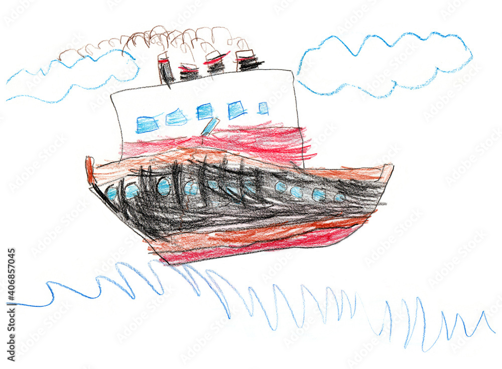 Schiff Dampfer Titanic Kinderzeichnung Buntstift Illustration Stock