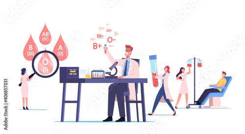 Tiny Medic Male and Female Characters in Working Laboratory Examining Blood Types. Nurse Taking Lifeblood at Donor
