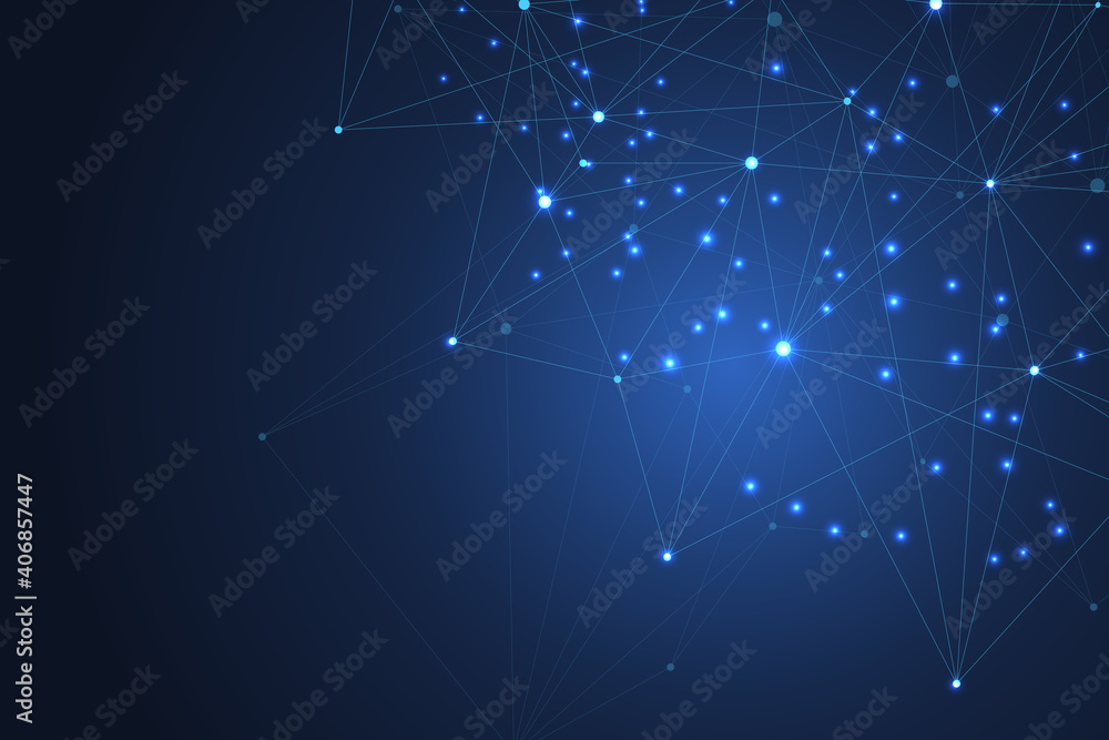 Fototapeta premium Futuristic abstract background blockchain technology. Peer to peer network business concept. Global cryptocurrency blockchain banner. Wave flow.