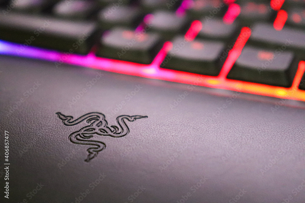 Razer symbol engraved on the skin of the Ornata Chroma keyboard,  illuminated and colored keys Stock Photo | Adobe Stock