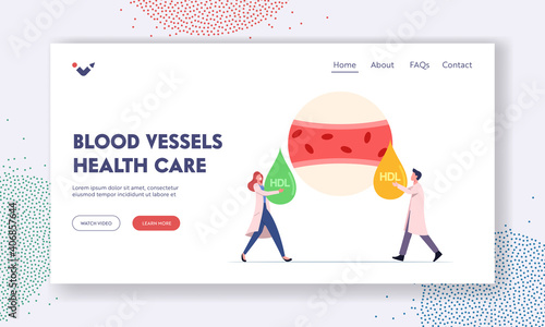 Blood Vessel Health Care Landing Page Template. Tiny Medic Characters at Huge Blood Artery Holding Good and Bad HDL Drop