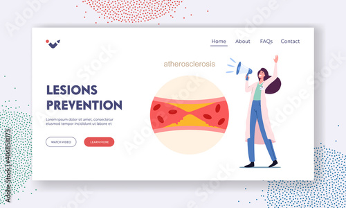 Atherosclerosis Health Care Landing Page Template. Tiny Medic Character Yell to Megaphone near Huge Blood Vessel