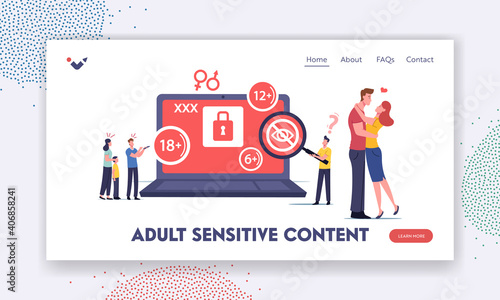 Adult Sensitive Content Landing Page Template. Tiny Characters at Huge Laptop Watching Erotic Video. Age Restriction