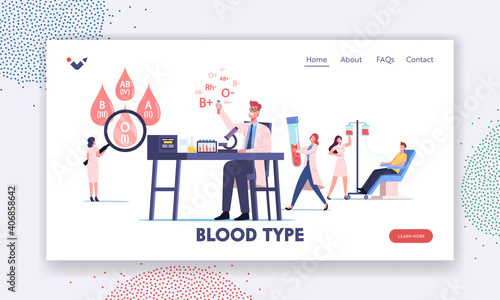 Tiny Medic Characters Working Laboratory Examining Blood Types Landing Page Template. Nurse Taking Lifeblood at Donor