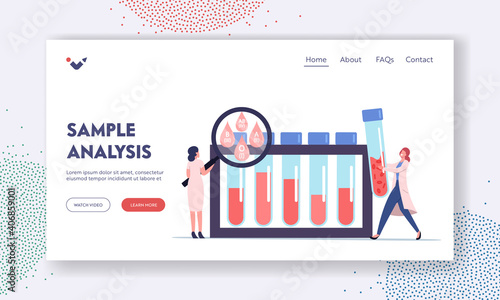 Blood Type Test Expertise Landing Page Template. Tiny Doctor Characters at Huge Glass Flasks Examining Lifeblood