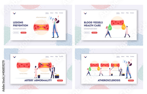 Atherosclerosis Landing Page Template Set. Tiny Medic Characters Presenting Blood Artery Normal, Plaque Formation