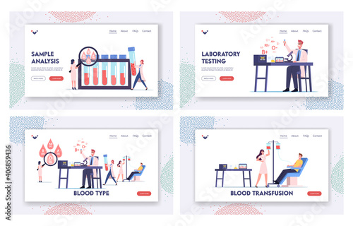 Tiny Medic Characters Working Laboratory Examining Blood Types Landing Page Template Set. Nurse Taking Donor Lifeblood