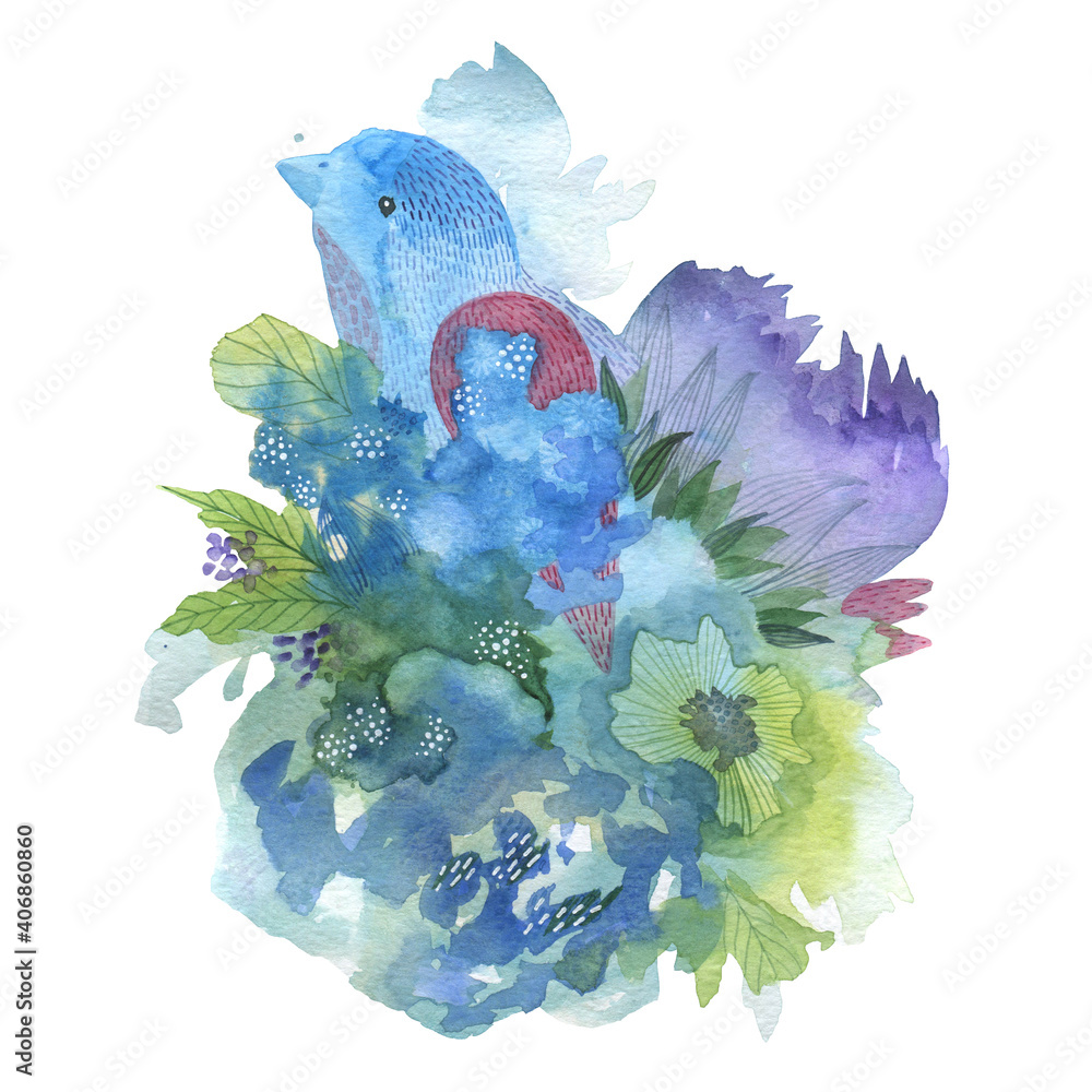 Blue bird in flowers. Watercolor drawing.