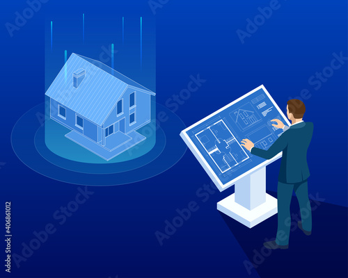 Isometric house architectural project. Virtual interactive interface. Engineer uses the virtual interface for augmented reality in the architectural design of the house.