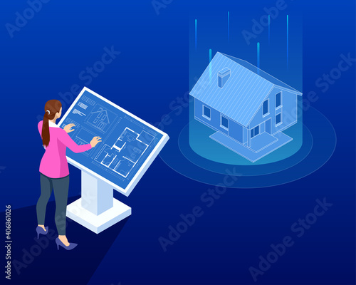 Isometric house architectural project. Virtual interactive interface. Engineer uses the virtual interface for augmented reality in the architectural design of the house.