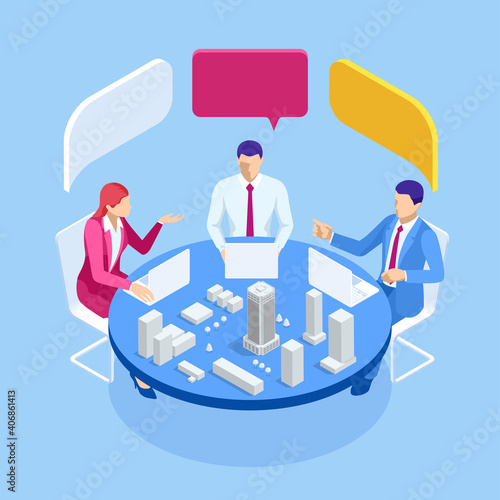 Isometric Construction Project Management, Architectural Project Planning, Architect design accessories on the workspace. Scheme of House, Engineer industry. Construction Company Business