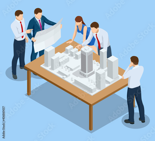 Isometric Construction Project Management, Architectural Project Planning, Architect design accessories on the workspace. Scheme of House, Engineer industry. Construction Company Business