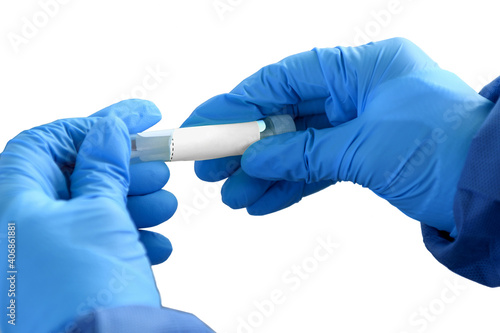 Hands wearing nitrile rubber gloves hold an unlabeled test tube vial against a solid white background. Add your own text to the label, if desired.