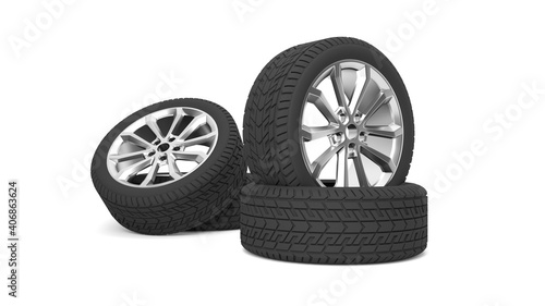 Sports car tires, isolated on white background. Three-dimensional illustration