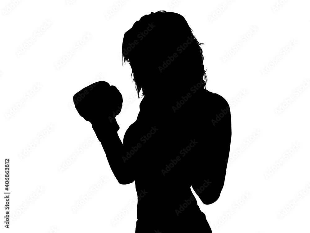 ボクシングのファイティングポーズを取る女性シルエット