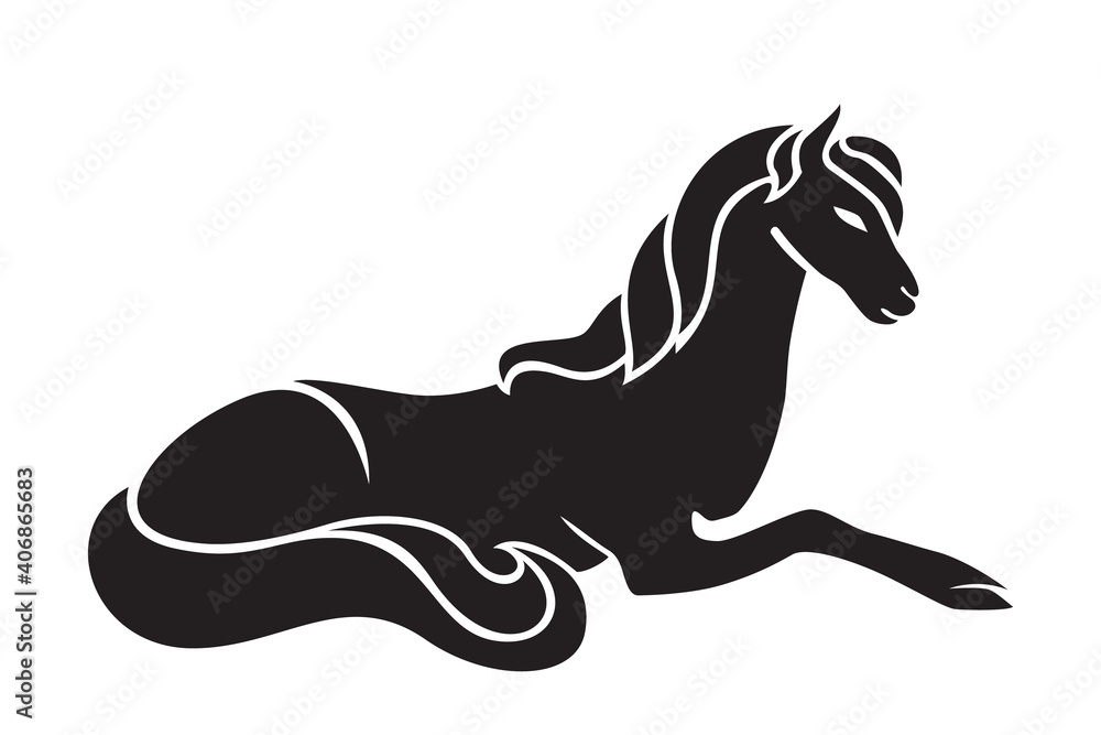 Obraz premium Magic unicorn. Vector animal illustration of foal, black silhouette of lying horse for tattoo isolated on white background