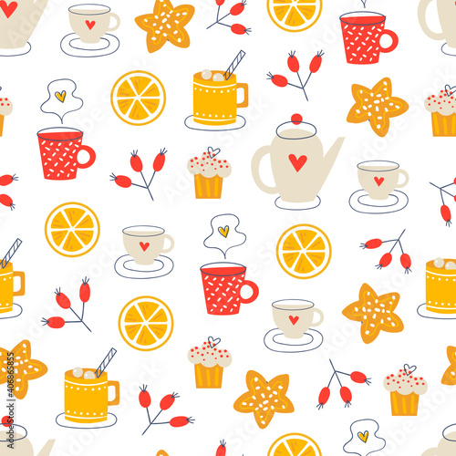 Cozy seamless Pattern background with hot drinks and desserts.