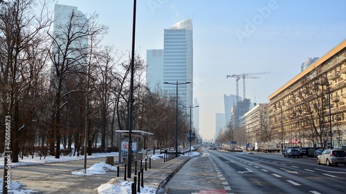   Business center of the city on a frosty winter morning. © Grand Warszawski