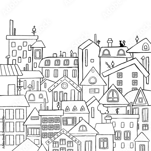 Vector City, Town and Countryside Illustration in Linear Style - buildings, skyscraper, church, factory, barn. © irina