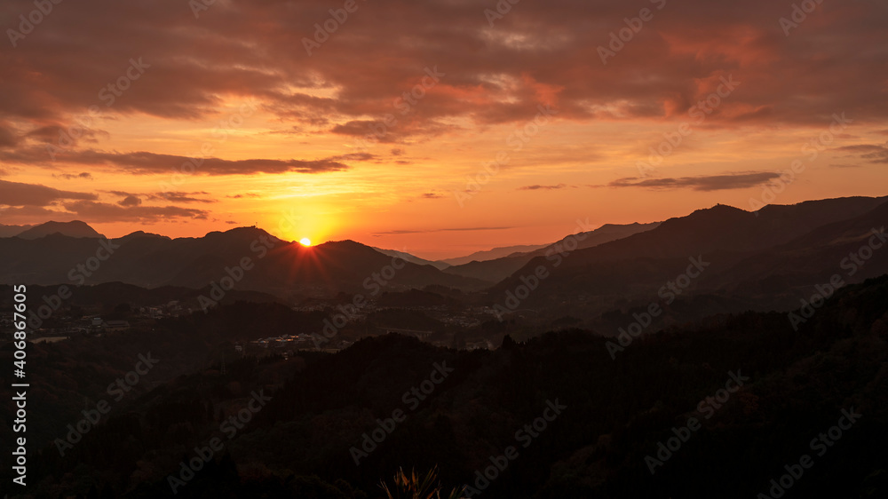 朝日、高千穂峡、山、宮崎、冬