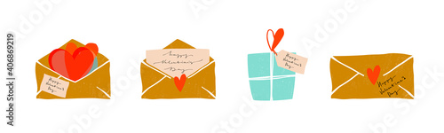 Set of icons for valentine s day. Closed letter, open letter, message with hearts, gift. Vintage style with texture, EPS 10. photo