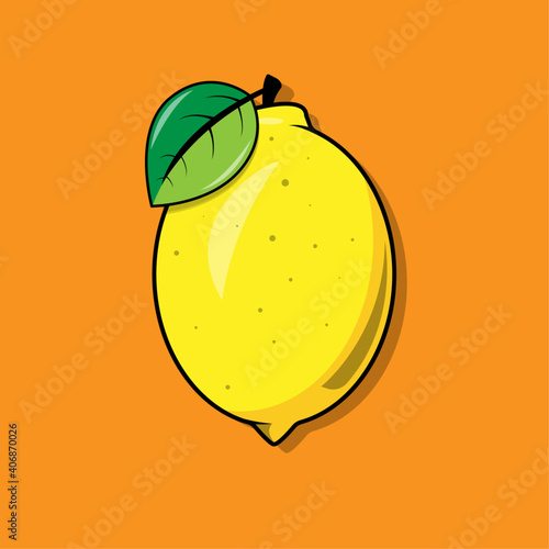 Fresh lemon illustration with green leaf in orange background