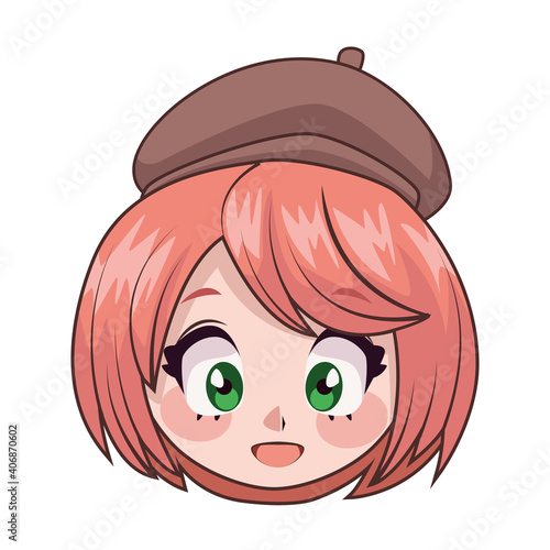 beautiful teenager girl wearing beret anime head character © Jemastock