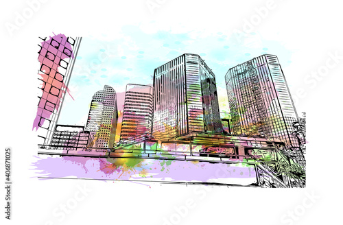 Building view with landmark of Denver is the capital of Colorado. Watercolour splash with hand drawn sketch illustration in vector.